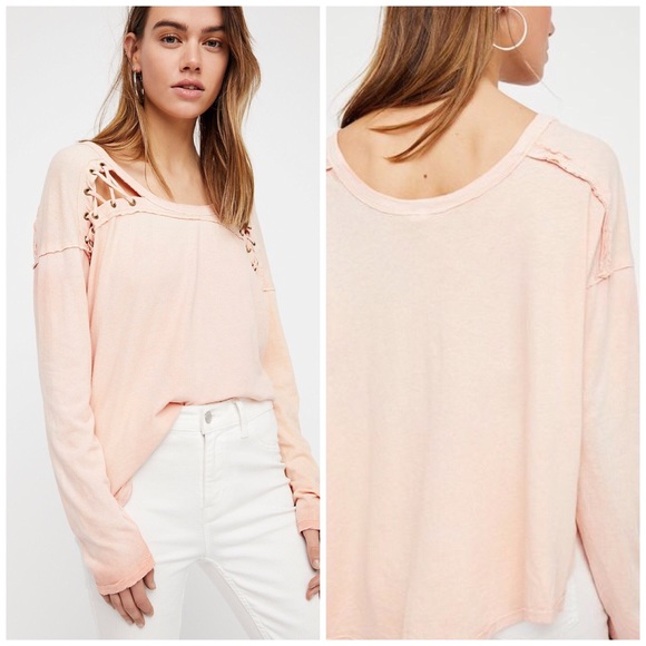 Free People Tops - NWT Free People Lace Up Lattice Peach Tee